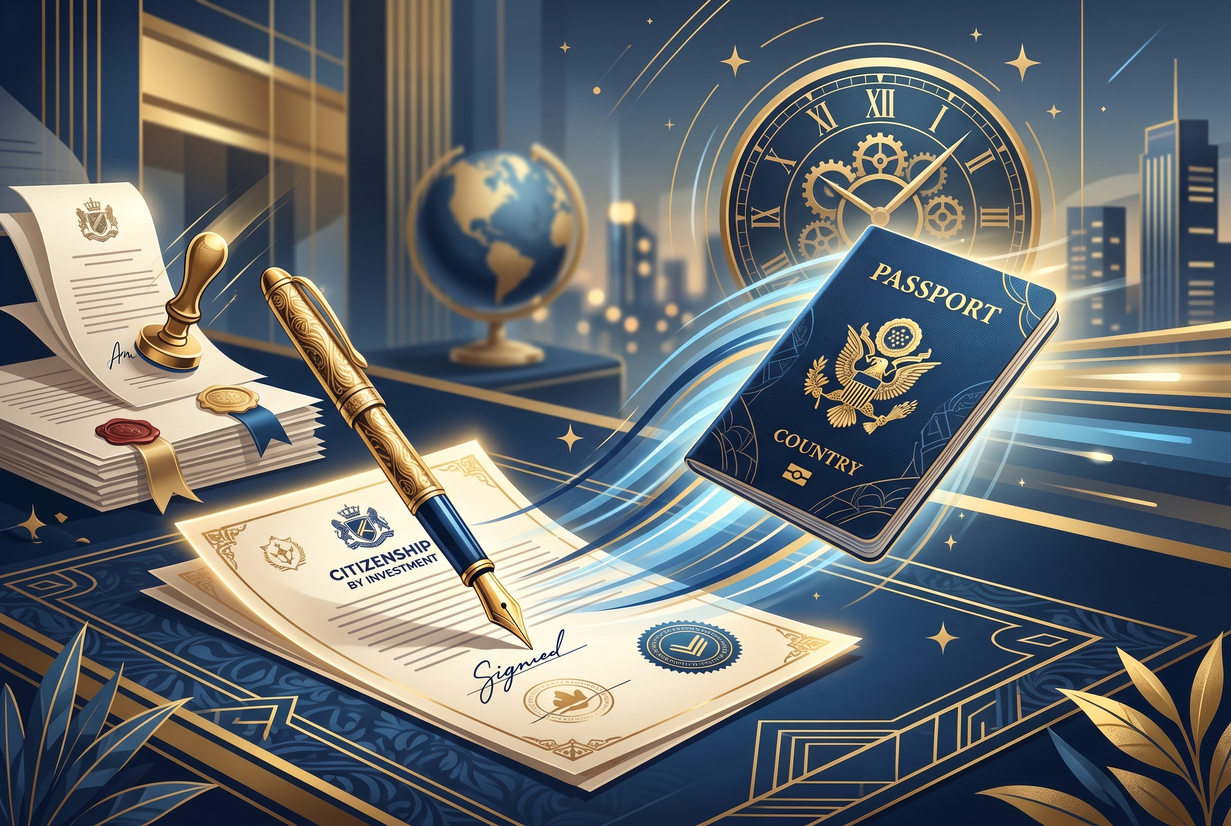 Fastest citizenship by investment, speed concept and legal documents
