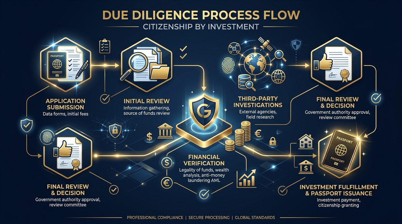CBI due diligence process stages: identity, background checks, source of funds